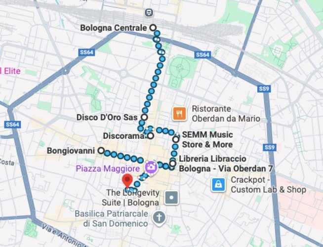 Mapa com roteiro de lojas de discos em Bolonha, na Itália (via Google)